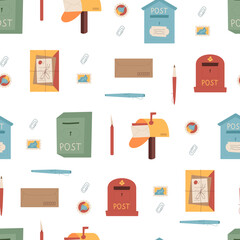 Mail seamless pattern flat background. Letter, envelope, postbox, mailbox, stamp and postcard icon create seamless mail background. Post, icon and flat postal elements for communication stationery