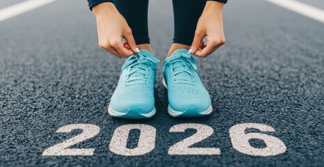 Woman's hands tying turquoise running shoes on an asphalt track with a 2026 number painted, symbolizing new year resolutions