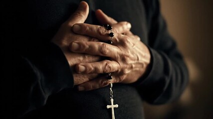Close up of elderly person's hands holding rosary beads, deep prayer - Powered by Adobe