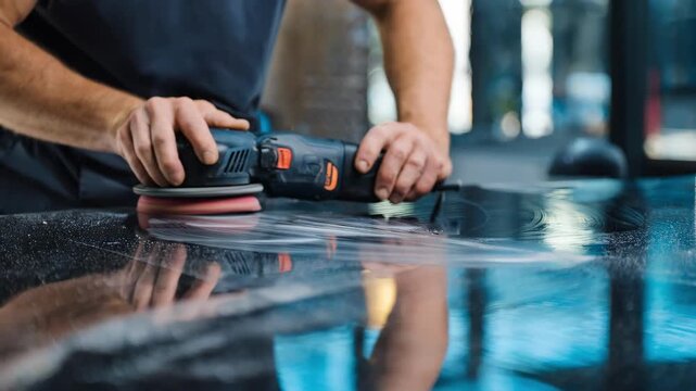 Medium shot of a technician inspecting the polished surface after using a compact polisher ensuring the minor scratches have been effectively removed.