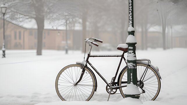 A bicycle covered in snow next to a light post in winter.