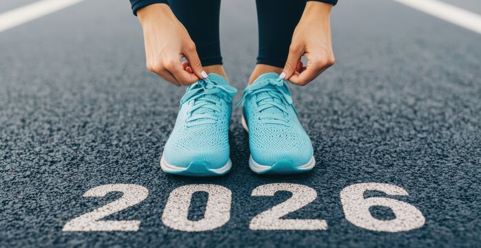 Woman's hands tying turquoise running shoes on an asphalt track with a 2026 number painted, symbolizing new year resolutions