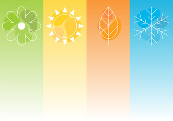 Four seasons icons, signs, symbols. Winter spring summer fall. Snowflake, leaf, sun, autumn leaf. Line art