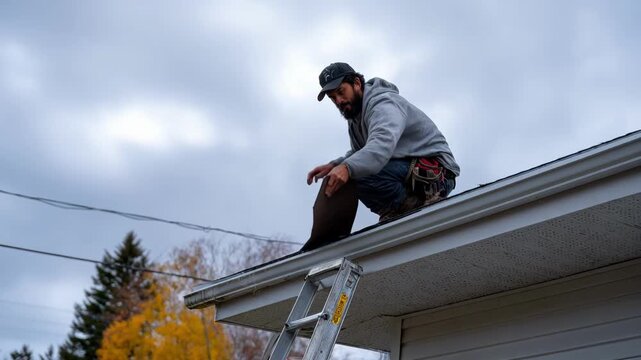 Worker installing a concealed gutter system emphasizing hidden water channels integrated seamlessly into the roofline for an unobtrusive finish.