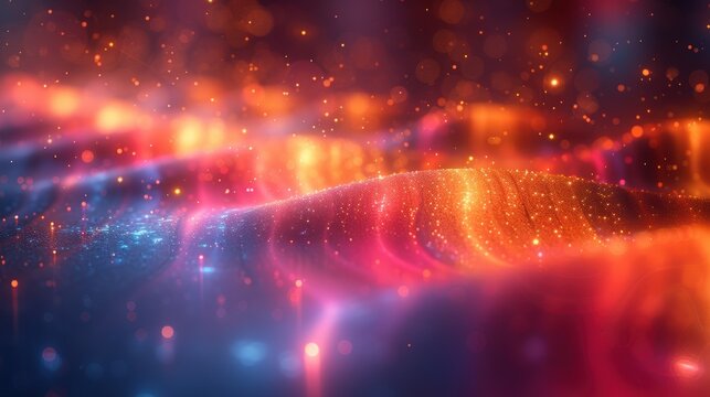 Glowing abstract particle landscape with warm hues, soft depth, shimmering bokeh and flowing golden dust across surreal horizon, evoking dreamy cosmic atmosphere and gentle motion