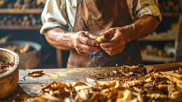 Craftsman hand-rolling cigars with tobacco leaves on a rustic wooden table, showcasing traditional artisanal skill