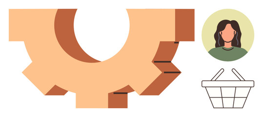 Gear, muted colors female avatar in circle and empty shopping basket symbolizing workflow, process integration, user focus, e-commerce, decision-making, collaboration, system optimization. Ideal