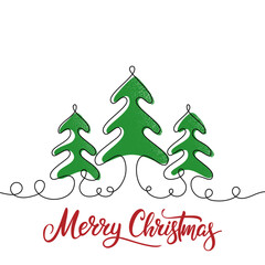 Merry Christmas Hand Drawn Lettering. Christmas tree continuous line art drawing
