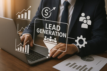 Business person using laptop with virtual icons for lead generation sales funnel digital marketing growth and business analytics strategy