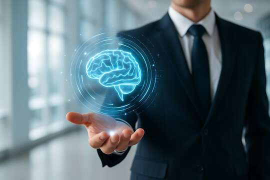 Artificial intelligence innovation concept with businessman holding holographic digital brain symbolizing technology learning future research and smart solutions