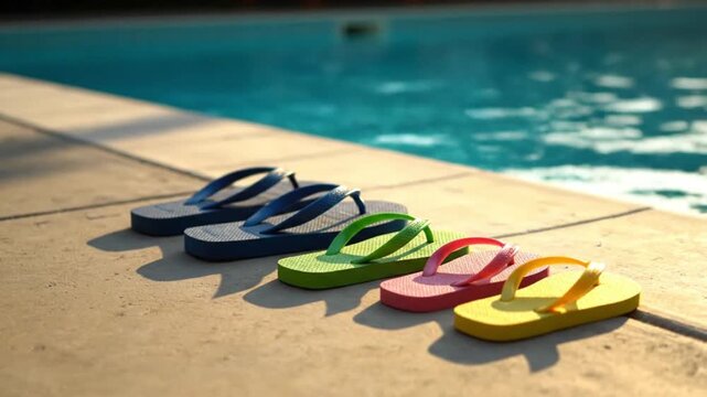Colorful flip-flops neatly lined up at the edge of a swimming pool on a sunny day