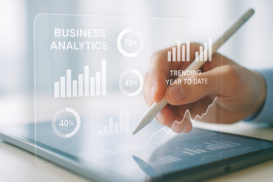 Business hand holding stylus analyzing holographic dashboard with charts graphs and statistics for digital business analytics insights - Powered by Adobe