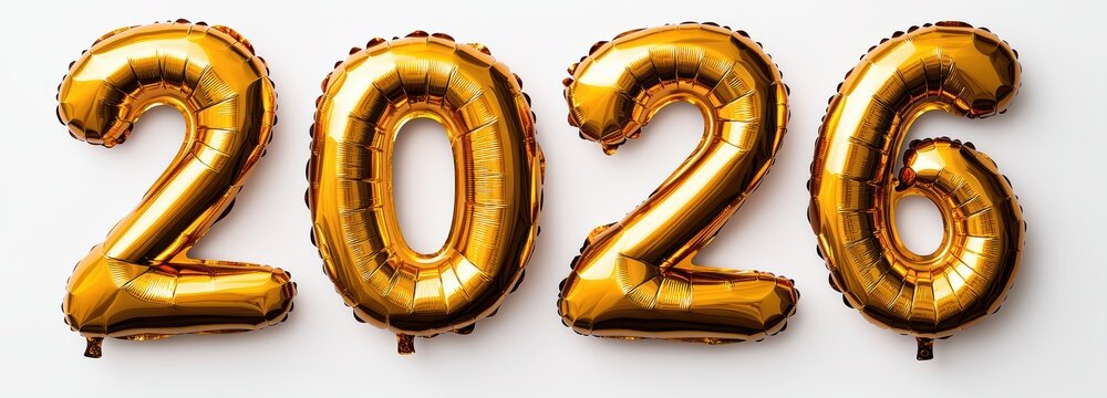 Gold foil balloons composing the number 2026 for a New Year celebration on a clean white background with copy space