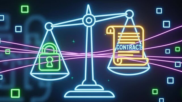 Balance scales illustrating a contract and a lock for the concept of law and security.