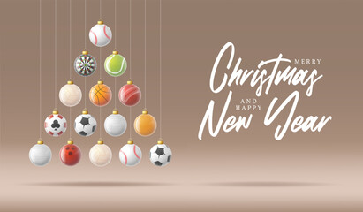 Merry Christmas and Happy New Year Vector illustration with unique sports ball ornaments shaped like a festive tree.