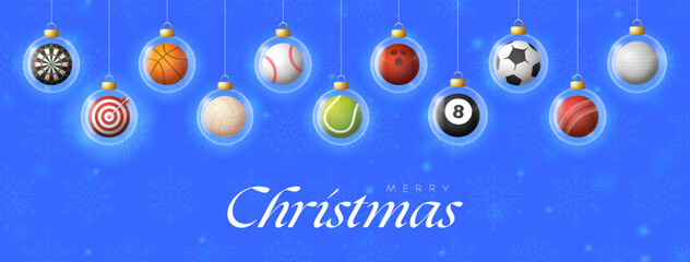 Merry Christmas Sports Balls Vector illustration: Holiday Ornaments Hanging on Festive Blue Snowflake Background