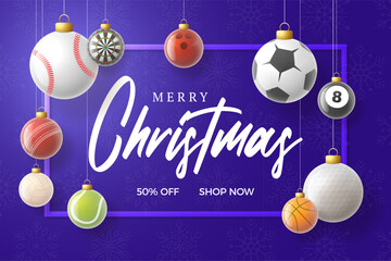 Merry Christmas Vector Illustration with Hanging Sports Ball Ornaments and Holiday Shopping Offer