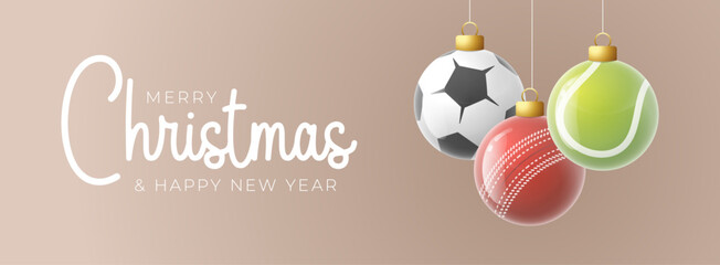 Merry Christmas and Happy New Year Vector illustration with Sport Ball Ornaments