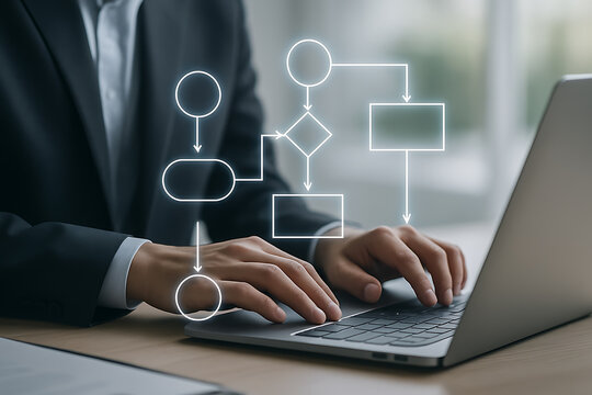 Businessperson typing on computer with holographic infographic diagram showing digital workflow process chart and organizational structure
