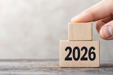 Hand placing a blank wooden block on another block displaying the year 2026, symbolizing future planning and growth