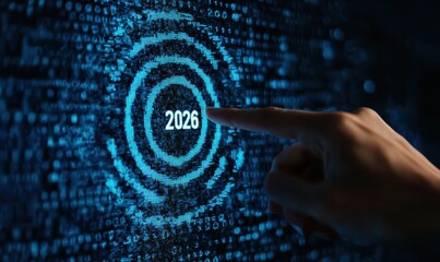 Hand pointing at the number 2026 displayed on a blue glowing digital screen, symbolizing future planning and technology