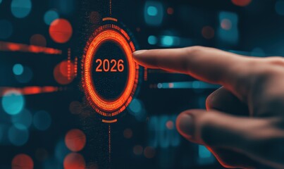 Hand pressing glowing holographic 2026 button on futuristic digital screen, symbolizing future plans, innovation, and technological advancement