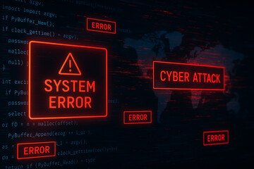 Digital computer screen with system error messages and cyber attack warning representing online hacking and data breach
