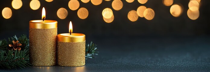 Two glittering golden candles burning brightly, creating a festive atmosphere with warm bokeh lights and copy space