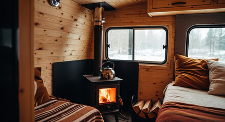 Cozy camper van interior with small wood stove and comfortable seating. Warm atmosphere created by the wood stove enhances the inviting ambiance in this camper van.