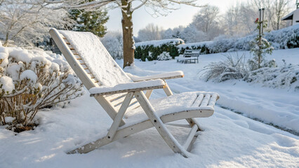 Snow-covered deck chair in winter garden with trees and white snow surrounding. Winter scene features a lounge chair blanketed with snowfall, creating a serene atmosphere for relaxation.