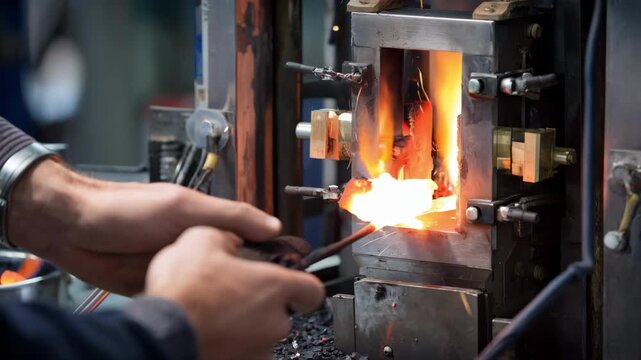 Medium shot of a skilled technician using precise temperature controls to evenly heat a metal workpiece during annealing for improved softness and ductility.
