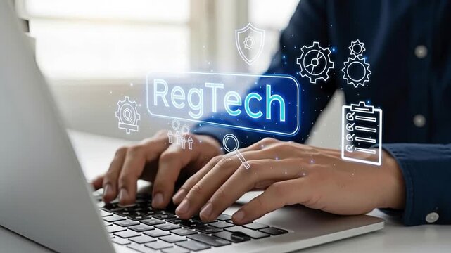 Hands typing on a laptop with RegTech concept in Technology world.
