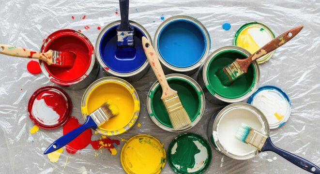 Colorful paint cans with brushes on plastic sheet. Vibrant open paint cans showcase a variety of colors including red, yellow, green, blue, and white. - Powered by Adobe