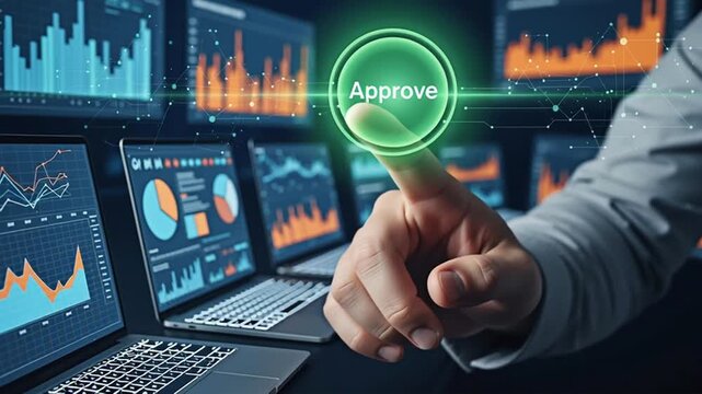 A person is touching the Approve button in front of computer graphs representing data analysis.