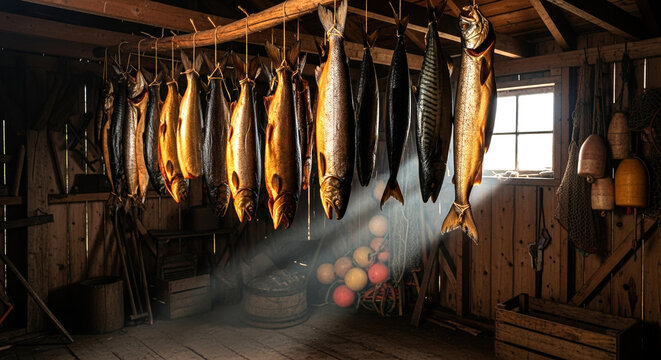 Smoked fish hanging in shed with warm light illuminating wooden interior and rustic decor. Fish drying suspended, creating an appealing atmosphere showcasing traditional preservation techniques.