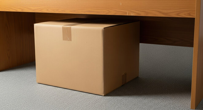 Cardboard box under desk in office space, storage item placed neatly beneath workspace, providing organizational solutions for cluttered areas. Concept cardboard box for office organization.