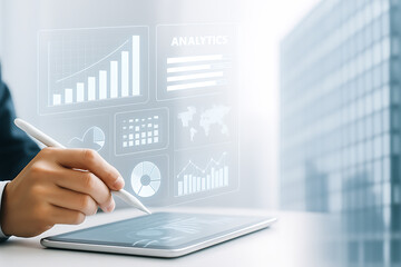 Digital tablet with stylus displaying futuristic analytics dashboard featuring bar graphs pie charts and world map for financial reporting