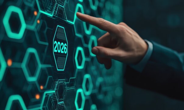 Hand interacting with a futuristic digital interface showing the year 2026 and hexagon patterns, symbolizing future technology