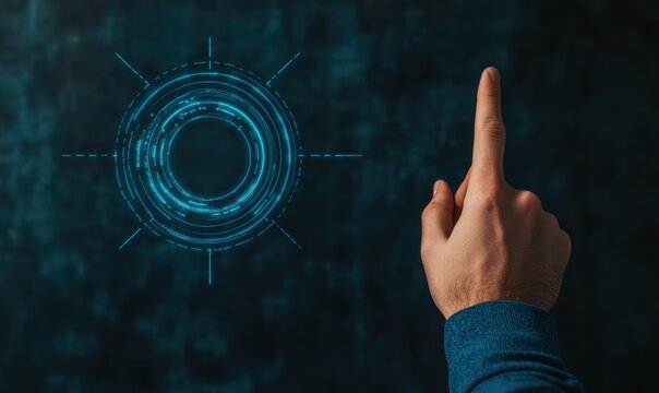 Hand touching glowing circular digital interface on dark background, representing innovation, connection, and future technology with copy space