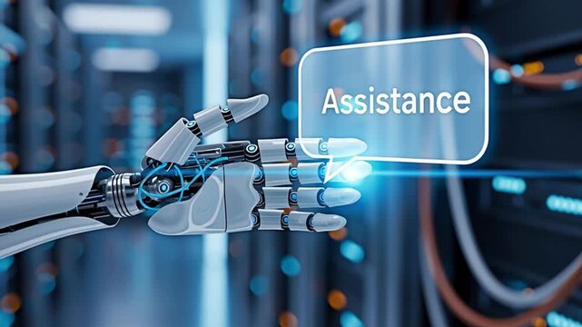 AI robot arm offering assistance button representing technology, future, innovation.