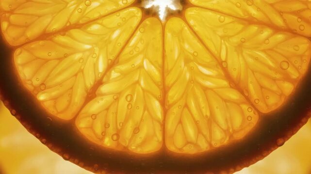 Ultra-detailed macro video of a fresh orange slice with glowing pulp and juice droplets, showing vibrant texture and citrus freshness in warm backlight.