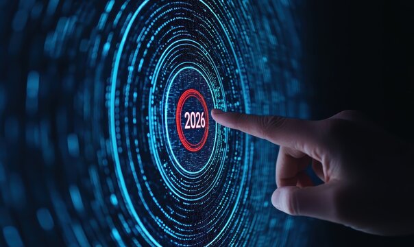 Hand reaching out and pressing a virtual button with the year 2026 on a glowing blue futuristic digital interface, representing future planning and technology