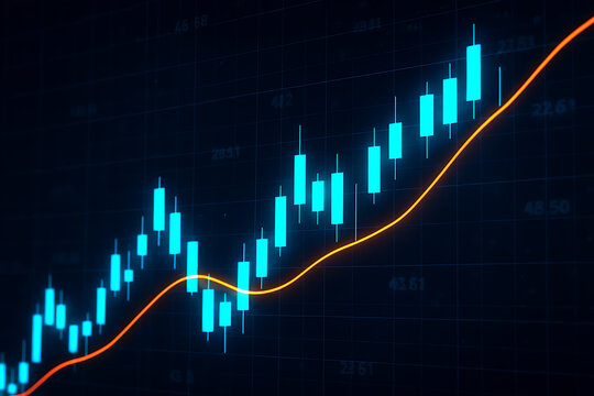 Financial stock market trading chart with glowing candlesticks and rising trend line showing investment growth and success
