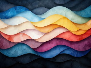An abstract artwork featuring layered, wavy shapes in a variety of vibrant colors. The surface has a textured, paper-like appearance.