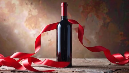 Elegant bottle of rich red wine, beautifully adorned with a flowing crimson ribbon, presented as a sophisticated gift for celebrations, romantic evenings, or special occasions - Powered by Adobe