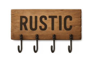 Rustic wooden wall sign with hooks, presenting a shabby chic home decor concept on transparent background