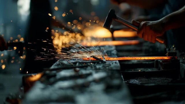 Medium shot of skilled workers forging copper busbars highlighting sparks flying and precise hammering to shape conductive metal parts.