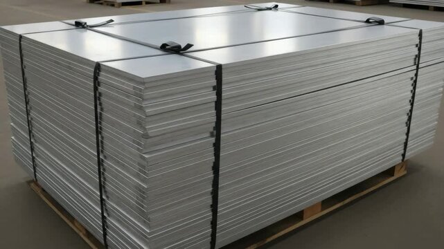 Stack of metal sheets tightly packed on a wooden pallet in an industrial warehouse, clean aluminum surfaces, manufacturing and logistics concept.