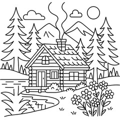Fototapeta premium Cozy Cabin in Nature: A charming cabin nestled amidst towering trees, mountains and a flowing stream, offering a peaceful retreat, symbolizing serenity.