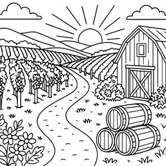 Vineyard landscape scene:  A rural idyllic vineyard scene, the image depicts a vineyard with neat rows of grape vines, barrels, and a rustic barn, under the warm glow of the sun.